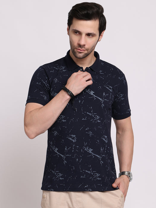 Men Navy Blue Cotton Polyester Polo collar T-shirt