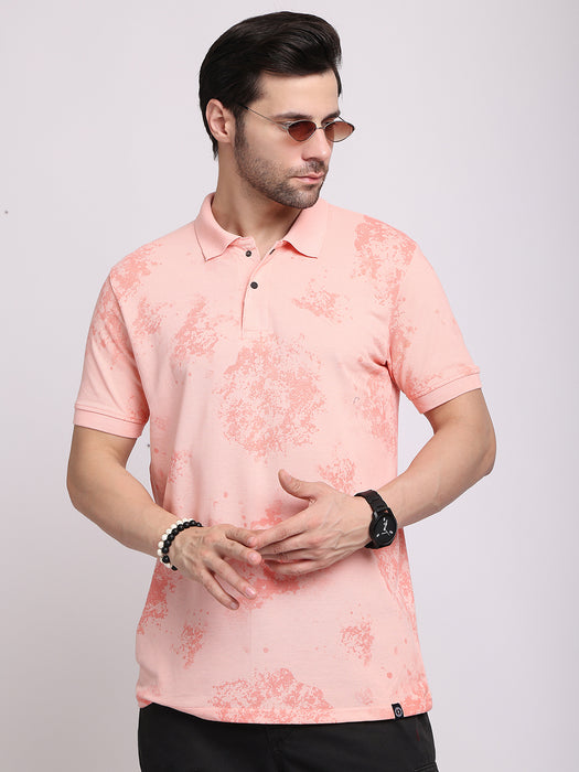 Men Peach Cotton Polyester Polo collar T-shirt