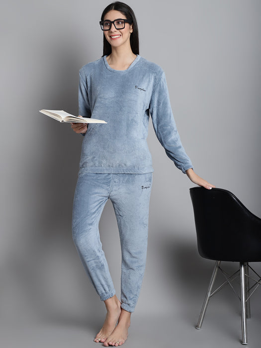 Women Grey Round Neck Full Sleeve Fleece Solid Nightsuits