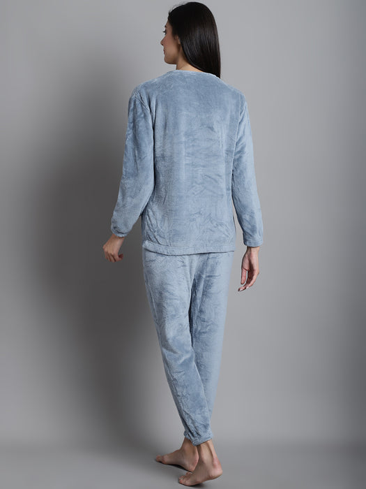 Women Grey Round Neck Full Sleeve Fleece Solid Nightsuits