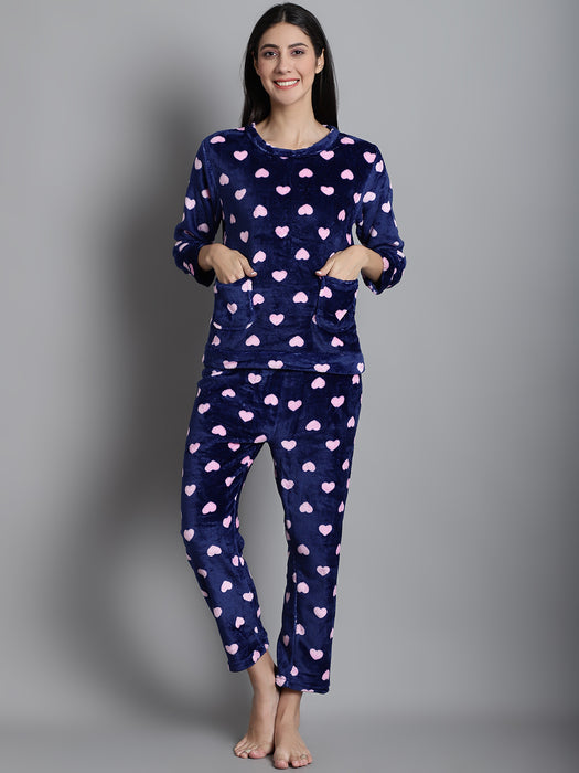 Women Navy blue Round Neck Full Sleeve Fleece Nightsuits