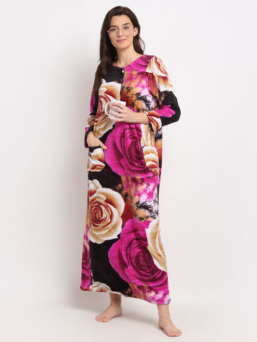 Women Multi Color Havyy Fleece Printed Woolean Maxi Nightdress