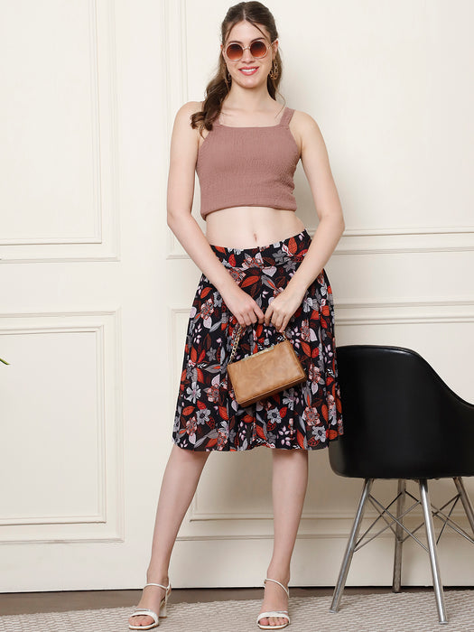 Women Multi color Polyster Lycra Leaves Printed Skirt with inner short