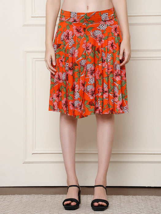 Women Orange Polyster Lycra Flower Printed Skirt with inner short