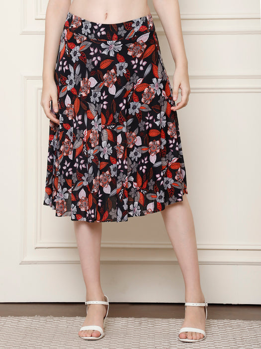 Women Multi color Polyster Lycra Leaves Printed Skirt with inner short