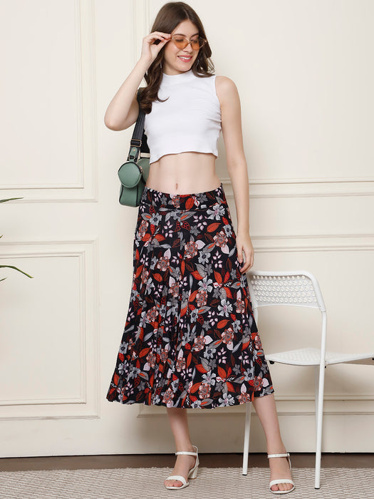 Women Multi color Polyster Lycra Leaves Printed Skirt with inner short
