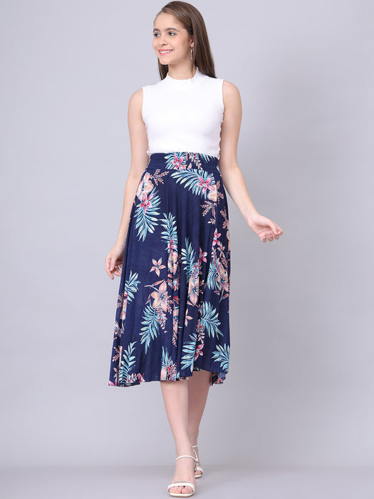 Women Multi color Big Leaves Printed Skirt