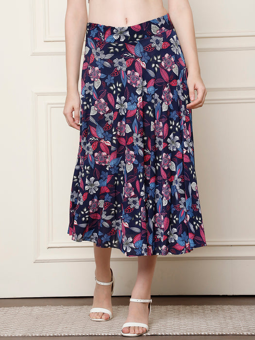 Women Multi color Polyster Lycra Leaves Printed Skirt with inner short