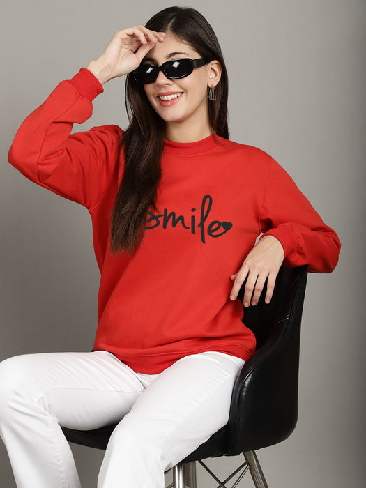 Women Red Round Neck Full Sleeve Smile Print Sweatshirt