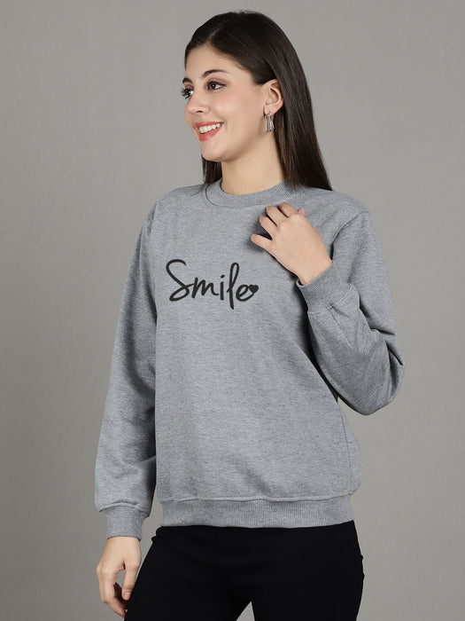 Women Grey Round Neck Full Sleeve Smile Print Sweatshirt