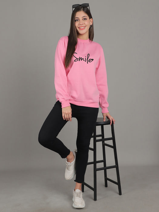 Women Pink Round Neck Full Sleeve Smile Print Sweatshirt