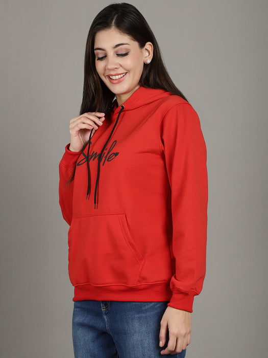Women Red Hood Neck Full Sleeve Fleece Smile Print Hoodie with kangaroo Pocket