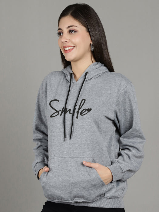 Women Grey Hood Neck Full Sleeve Fleece Smile Print Hoodie with kangaroo Pocket