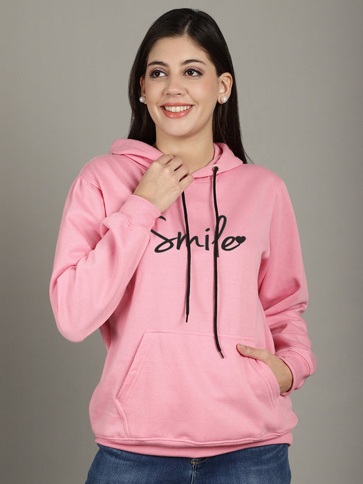 Women Pink Hood Neck Full Sleeve Fleece Smile Print Hoodie with kangaroo Pocket