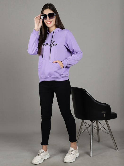 Women Purple Hood Neck Full Sleeve Fleece Smile Print Hoodie with kangaroo Pocket