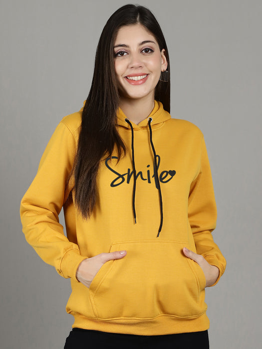 Women Gold Hood Neck Full Sleeve Fleece Smile Print Hoodie with kangaroo Pocket