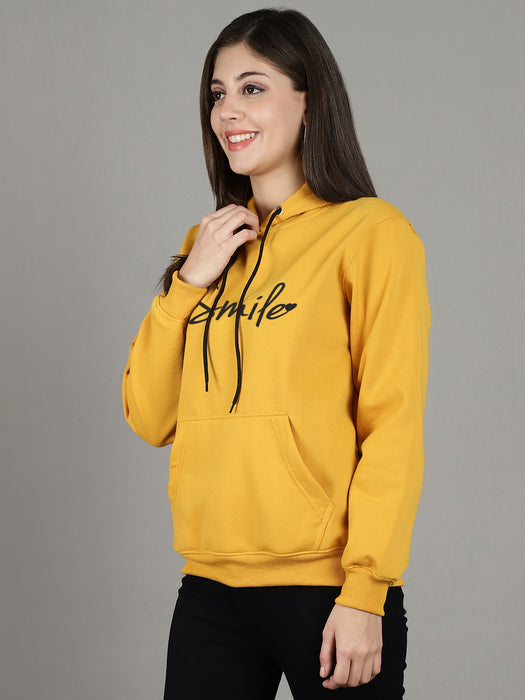 Women Gold Hood Neck Full Sleeve Fleece Smile Print Hoodie with kangaroo Pocket
