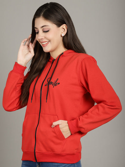 Women Red Full Sleeve Smile Print Hoodie with front zip and Inserted pocket