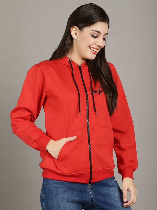 Women Red Full Sleeve Smile Print Hoodie with front zip and Inserted pocket