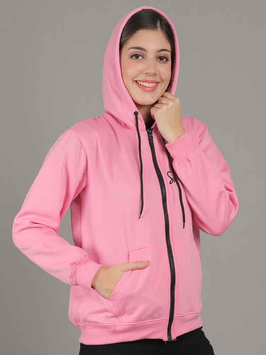 Women Pink Full Sleeve Smile Print Hoodie with front zip and Inserted pocket