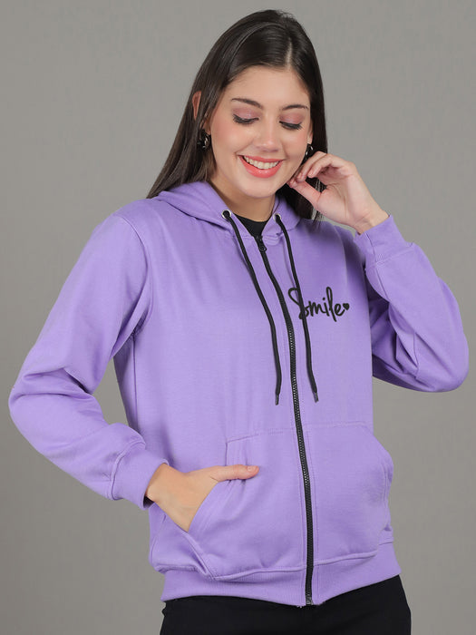 Women Purple Full Sleeve Smile Print Hoodie with front zip and Inserted pocket
