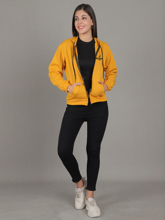 Women Gold Full Sleeve Smile Print Hoodie with front zip and Inserted pocket