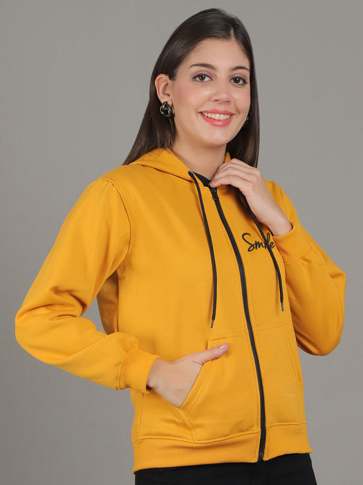 Women Gold Full Sleeve Smile Print Hoodie with front zip and Inserted pocket