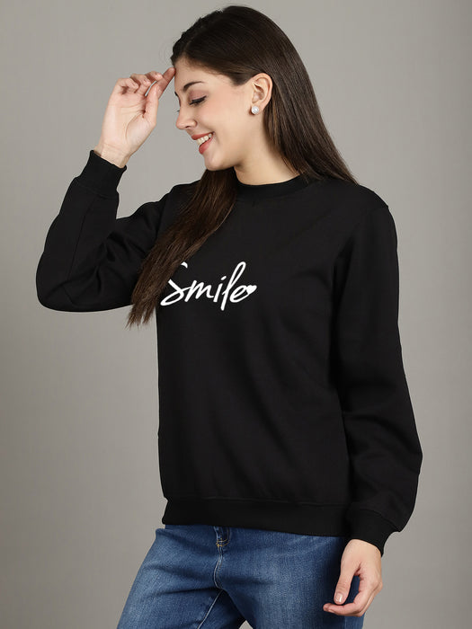 Women Black Round Neck Full Sleeve Smile Print Sweatshirt
