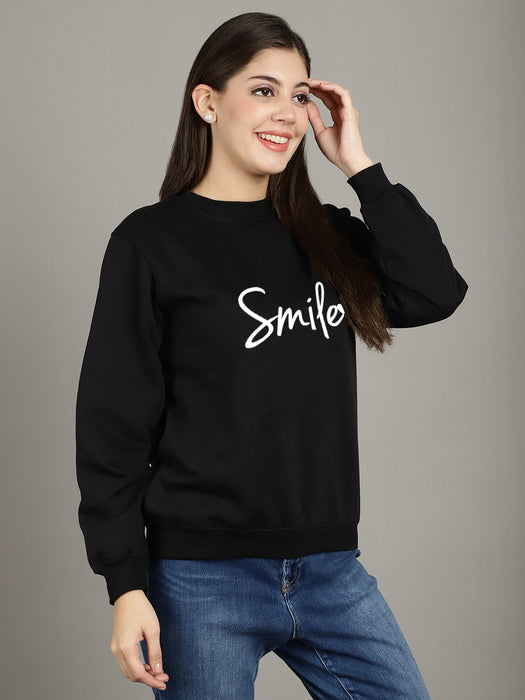 Women Black Round Neck Full Sleeve Smile Print Sweatshirt