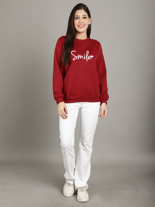 Women Maroon Round Neck Full Sleeve Smile Print Sweatshirt