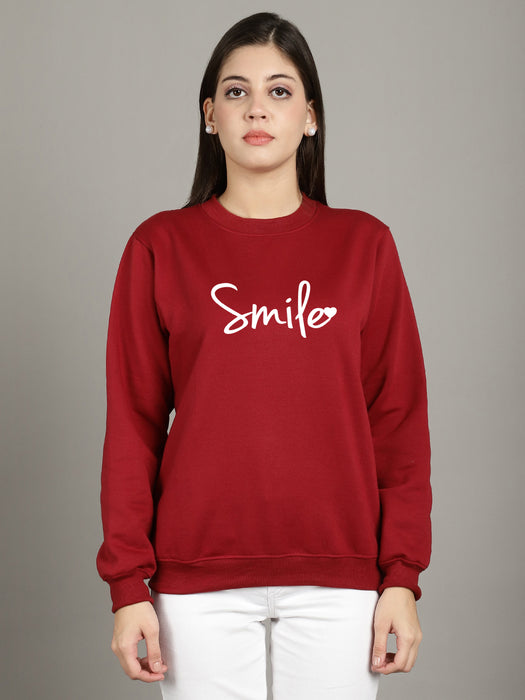 Women Maroon Round Neck Full Sleeve Smile Print Sweatshirt