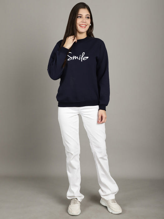Women Navy blue Round Neck Full Sleeve Smile Print Sweatshirt