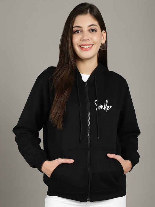 Women Black Full Sleeve Smile Print Hoodie with front zip and Inserted pocket