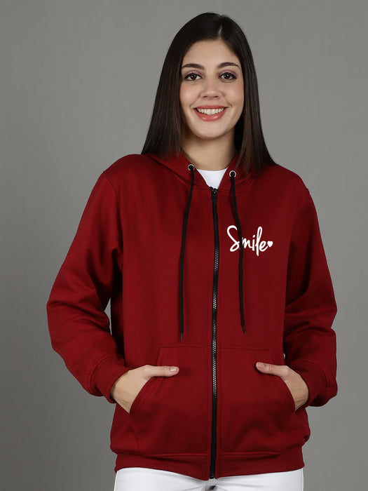 Women Maroon Full Sleeve Smile Print Hoodie with front zip and Inserted pocket