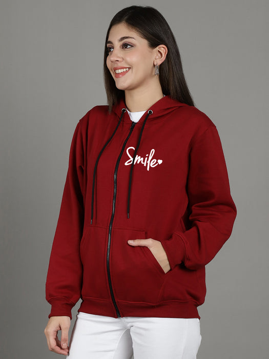 Women Maroon Full Sleeve Smile Print Hoodie with front zip and Inserted pocket