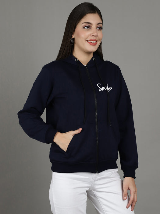 Women Navy blue Full Sleeve Smile Print Hoodie with front zip and Inserted pocket