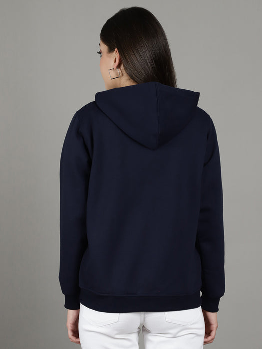 Women Navy blue Full Sleeve Smile Print Hoodie with front zip and Inserted pocket