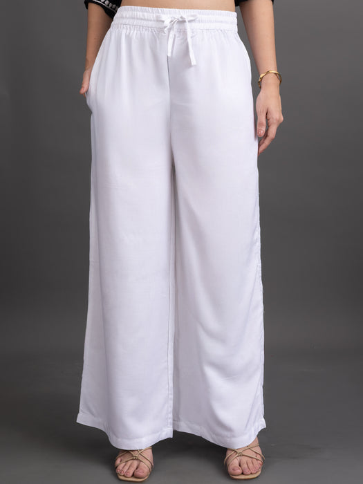 Women White Viscose Rayon Parallel Pocket Palazzo