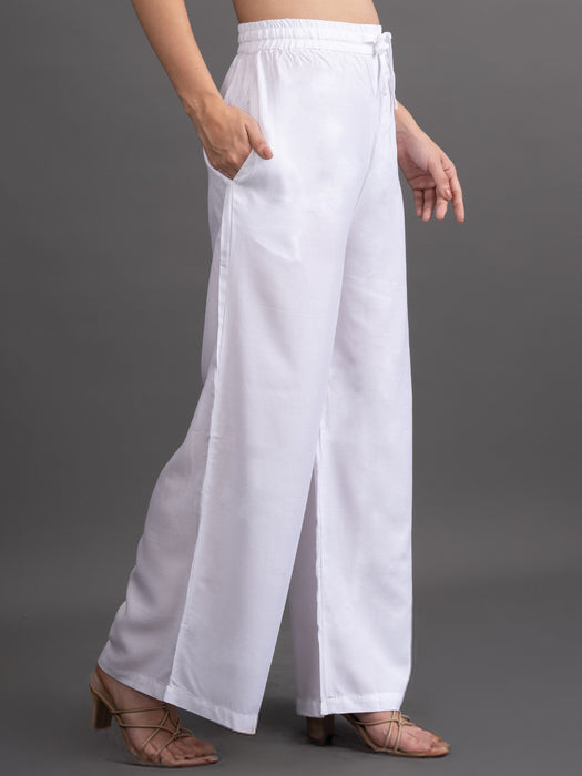Women White Viscose Rayon Parallel Pocket Palazzo