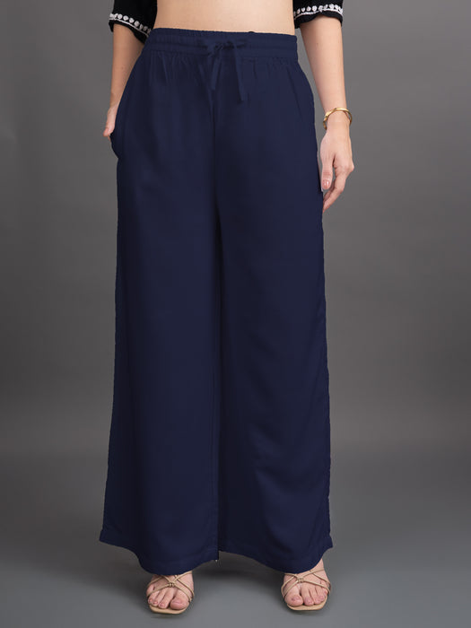 Women Navy Blue Viscose Rayon Parallel Pocket Palazzo