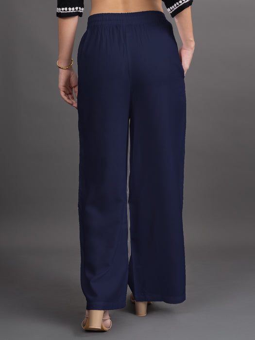 Women Navy Blue Viscose Rayon Parallel Pocket Palazzo