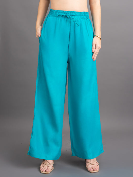 Women Turquoise Blue Viscose Rayon Parallel Pocket Palazzo