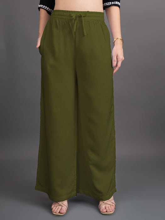 Women Olive Viscose Rayon Parallel Pocket Palazzo
