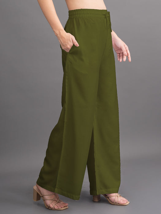 Women Olive Viscose Rayon Parallel Pocket Palazzo