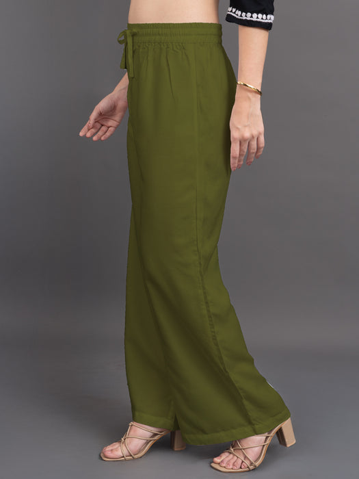 Women Olive Viscose Rayon Parallel Pocket Palazzo