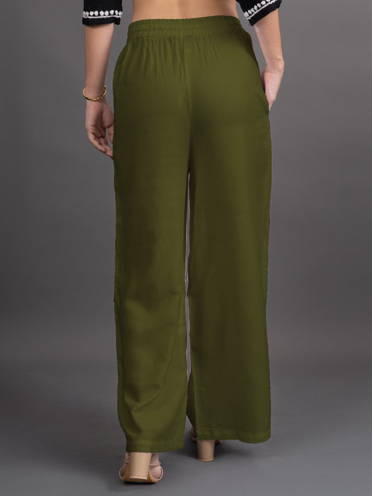 Women Olive Viscose Rayon Parallel Pocket Palazzo
