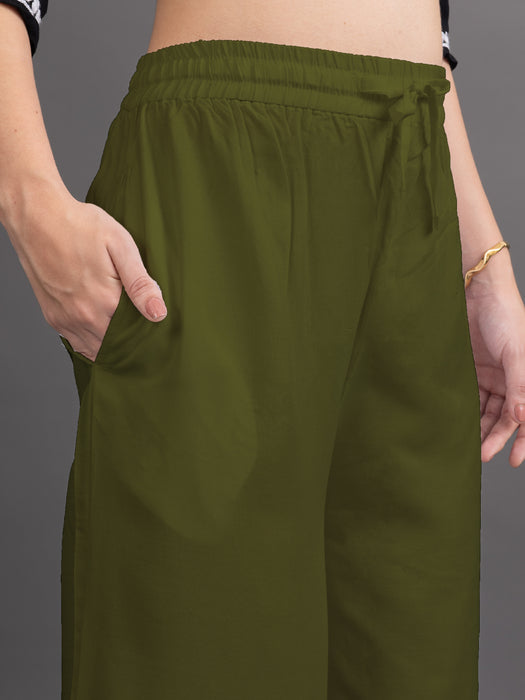 Women Olive Viscose Rayon Parallel Pocket Palazzo