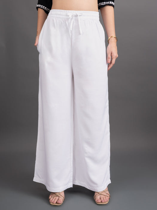Women Off White Viscose Rayon Parallel Pocket Palazzo