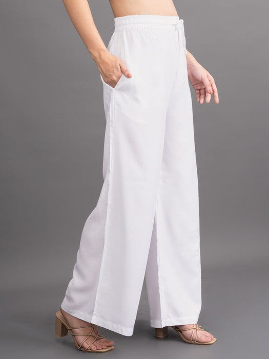 Women Off White Viscose Rayon Parallel Pocket Palazzo