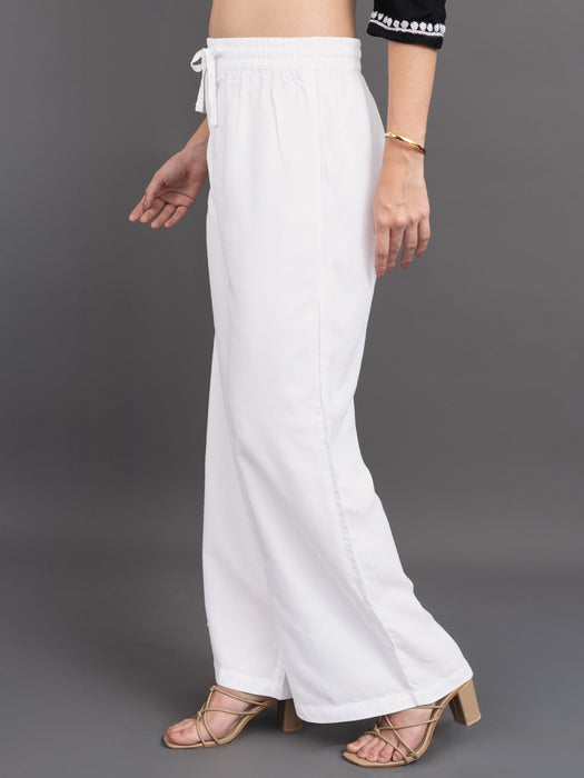 Women Off White Viscose Rayon Parallel Pocket Palazzo